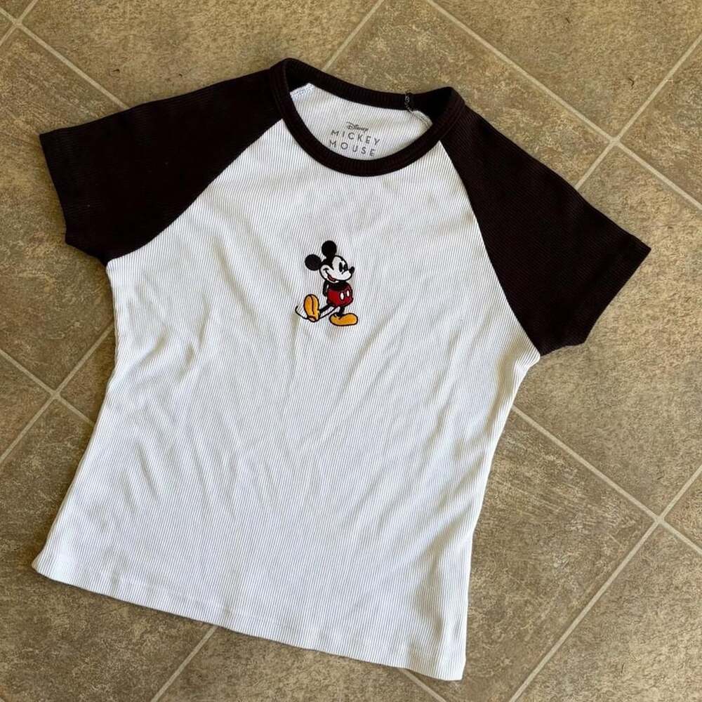 Disney Mickey Mouse Baseball Tee Size S White Black Ribbed Raglan